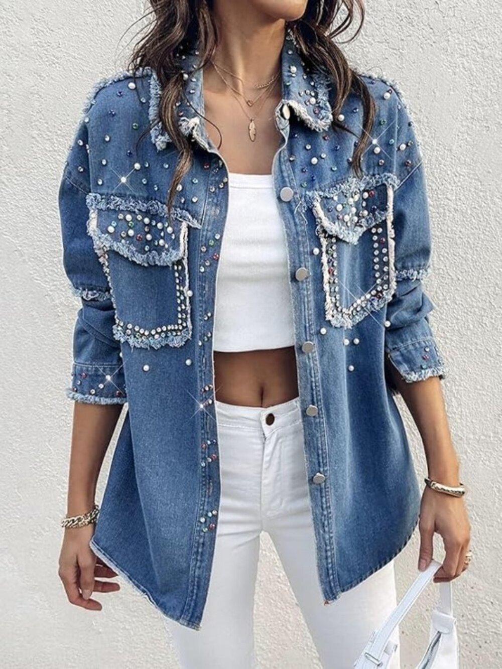 Denim Jacket with Embellished Shiny Studs, Non Stretch Distressed - NWT - L